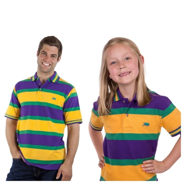 Perlis | Shirts & Tops | Perlis Crawfish Signature Mardi Gras Stripe Polo Purple Green And Gold 